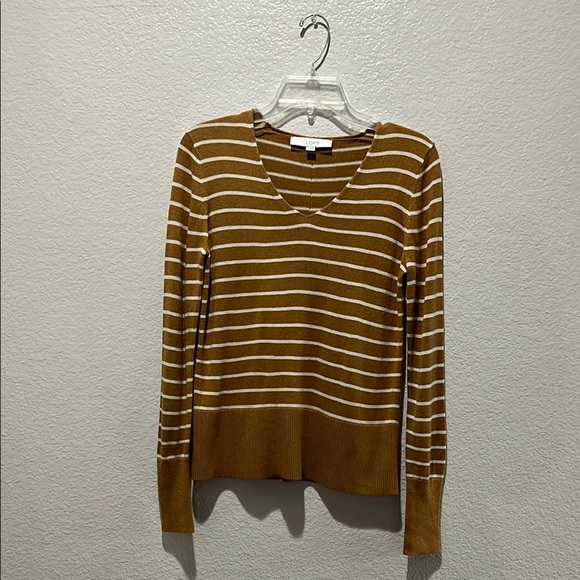 LOFT Striped Rib Trim V Neck Sweater Golden Camel Sz X Small  Effortless Casual - Picture 1 of 9